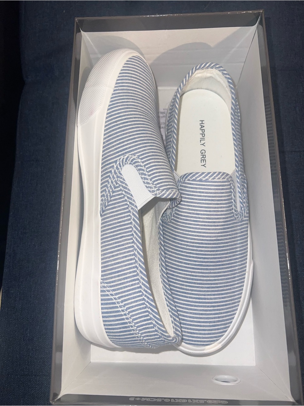 Happily Grey Women’s Slip-On Loafer in Blue & White Stripe